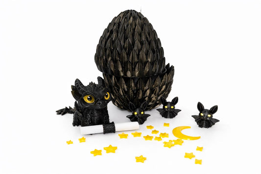 Black Dragon Egg Surprise Set — Gold-Dusted Dragon, Bats, Moon & Stars