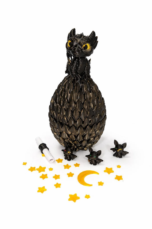 Black Dragon Egg Surprise Set — Gold-Dusted Dragon, Bats, Moon & Stars